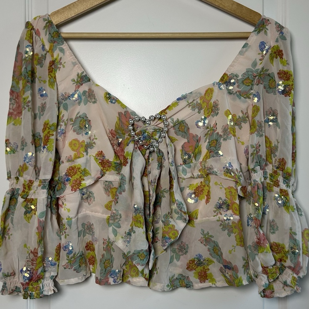 For Love Bell Blush Floral Sequin Chiffon Puff Sleeve Crop Top Fairycore Style